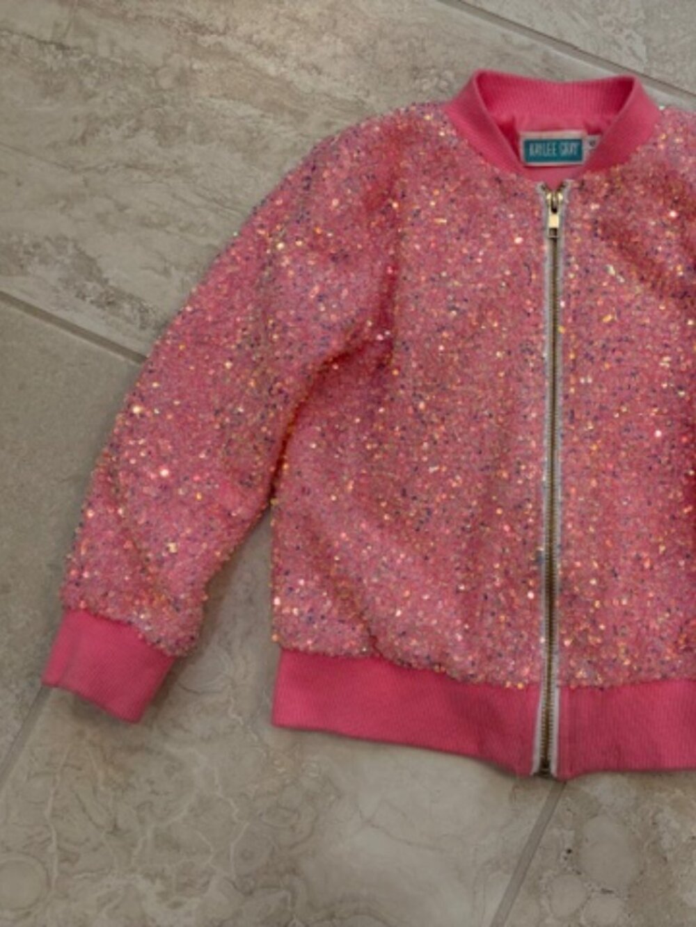 Kaylee Gray Iridescent Pink Sequin Bomber Jacket Girls Size 5-6 Barbie Glam - Picture 2 of 8